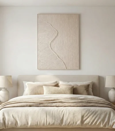 Textured abstract hand-painted canvas with flowing curved lines in cream and natural tones, contemporary bedroom