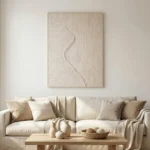 Textured abstract hand-painted canvas with flowing curved lines in cream and beige tones, contemporary living space