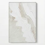 Textured abstract hand-painted canvas in cream and white with layered gestural brushstrokes, contemporary living space