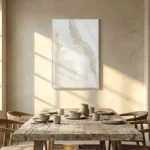 Minimalist abstract hand-painted canvas in soft whites and warm neutrals with fluid gestural brushstrokes, dining space