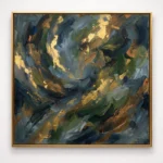 Gestural abstract expressionist hand-painted canvas with dynamic brushstrokes in gold, green, blue and charcoal tones