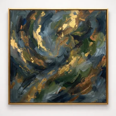 Gestural abstract expressionist hand-painted canvas with dynamic brushstrokes in gold, green, blue and charcoal tones