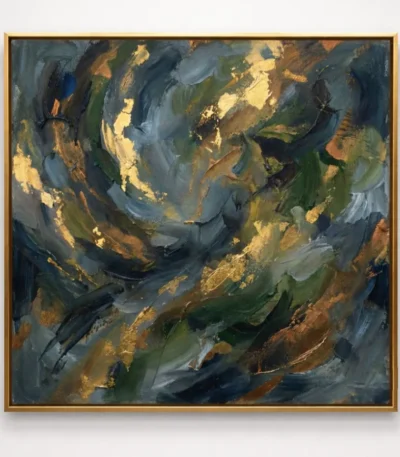 Gestural abstract expressionist hand-painted canvas with dynamic brushstrokes in gold, green, blue and charcoal tones