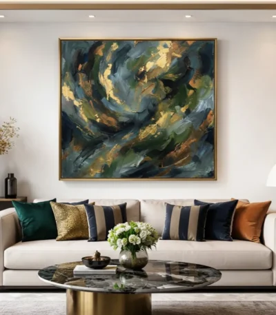 Gestural abstract hand-painted canvas in layered greens, golds and deep blues with dynamic brushwork, contemporary living space