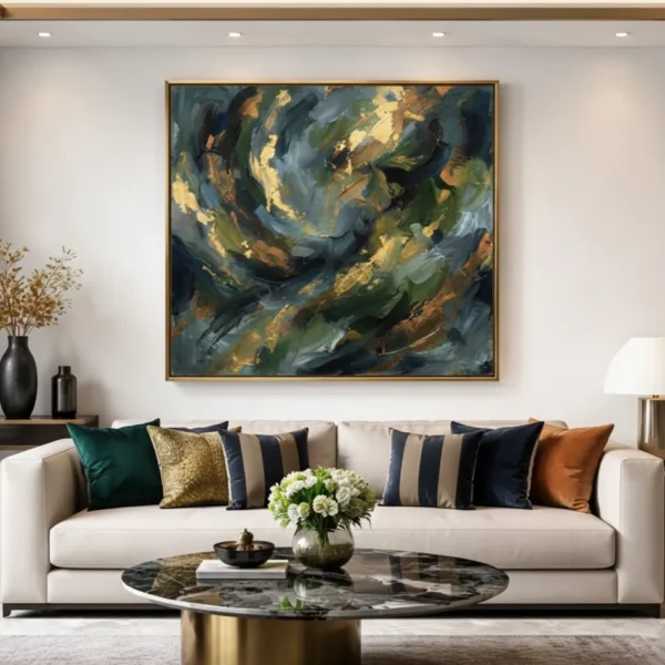 Gestural abstract hand-painted canvas in layered greens, golds and deep blues with dynamic brushwork, contemporary living space