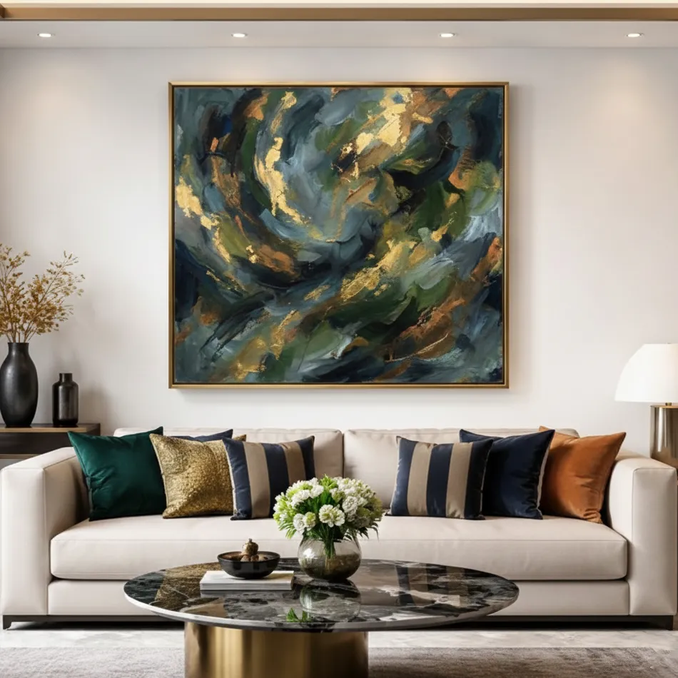 Nocturnal Gold & Emerald Abstract Print (2) Gestural abstract hand-painted canvas in layered greens, golds and deep blues with dynamic brushwork, contemporary living space