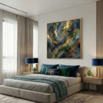 Gestural abstract expressionist hand-painted canvas in deep blues, golds and greens with dynamic brushwork, contemporary bedroom