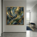 Gestural abstract expressionist hand-painted canvas in layered blues, golds, and greens with dynamic brushstrokes, contemporary entryway