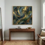 Gestural abstract hand-painted canvas in layered blue, gold, and green brushstrokes, contemporary living space