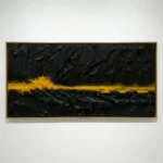 Gestural abstract hand-painted canvas with dramatic black brushstrokes and glowing golden horizontal accent, gallery wall