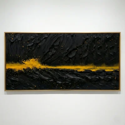 Gestural abstract hand-painted canvas with dramatic black brushstrokes and glowing golden horizontal accent, gallery wall