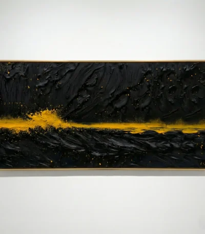 Gestural abstract hand-painted canvas with dramatic black brushstrokes and glowing golden horizontal accent, gallery wall