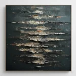 Textured abstract hand-painted canvas with horizontal relief strokes in deep charcoal, cream, and bronze tones, contemporary living space