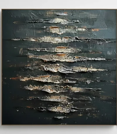 Textured abstract hand-painted canvas with horizontal relief strokes in deep charcoal, cream, and bronze tones, contemporary living space
