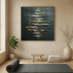 Textured abstract hand-painted canvas with layered gold and cream gestural marks on dark teal ground, contemporary interior