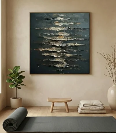 Textured abstract hand-painted canvas with layered gold and cream gestural marks on dark teal ground, contemporary interior