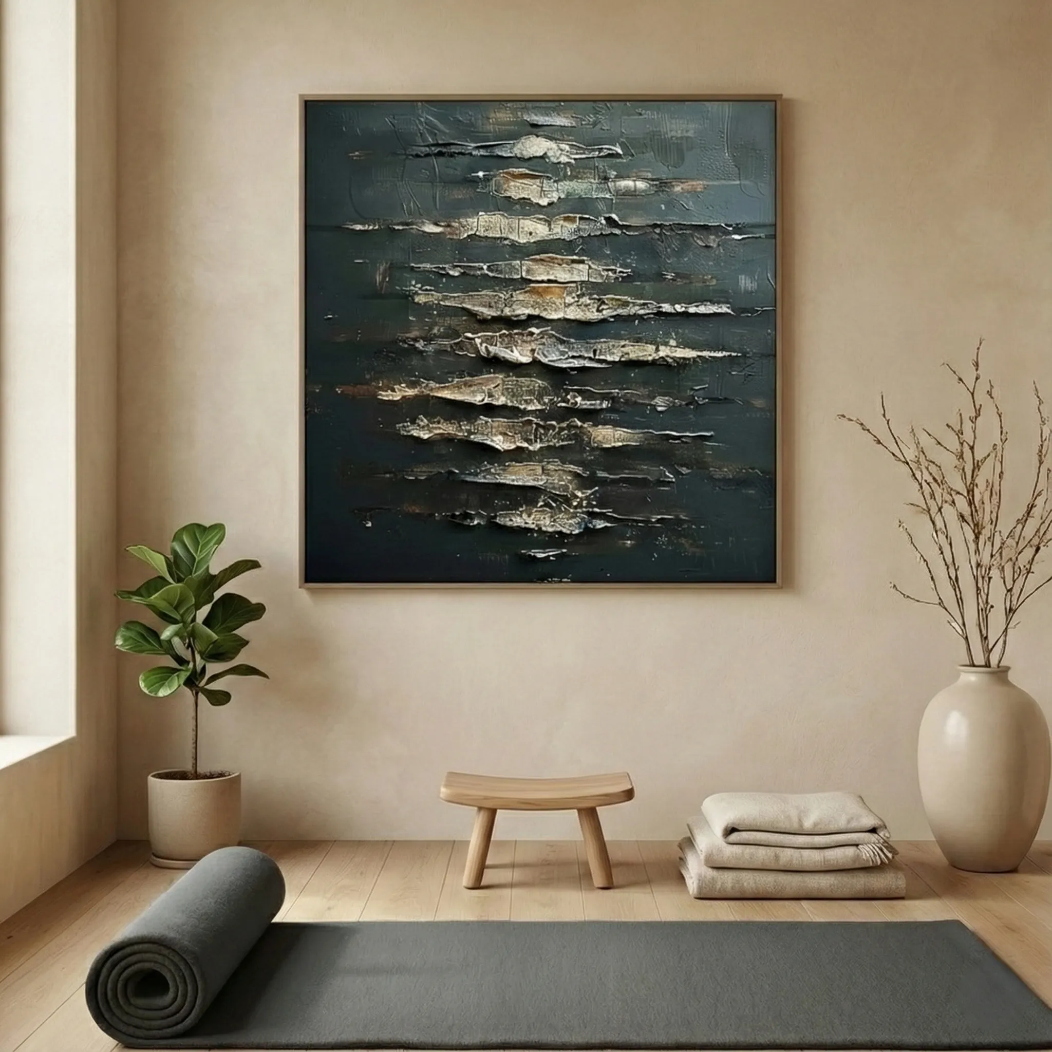 Noir Gold Strata Textured metallic horizontal bands minimal wall art (2) Textured abstract hand-painted canvas with layered gold and cream gestural marks on dark teal ground, contemporary interior