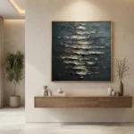 Textured abstract hand-painted canvas with layered charcoal and gold brushstrokes on dark ground, contemporary living space