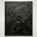 Textured abstract expressionist hand-painted canvas in dramatic black and charcoal gestural brushstrokes