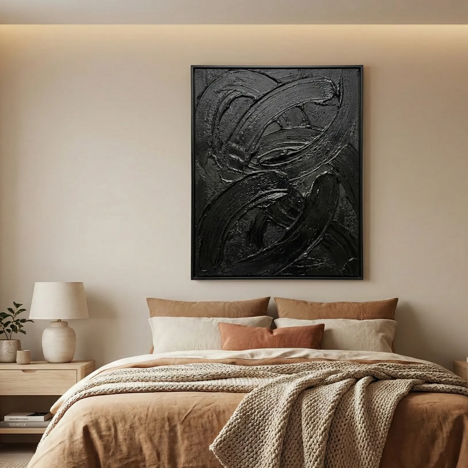 Noir Nexus – Modern Wabi Sabi Textured Wall Decor (2) Textured abstract expressionist canvas in deep charcoal with dynamic gestural brushstrokes, modern bedroom