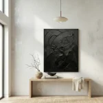 Textured abstract expressionist hand-painted canvas in deep charcoal and black gestural brushstrokes, contemporary entryway