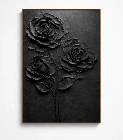 Textured monochrome hand-painted canvas featuring three dimensional black roses with layered petals and stem detail