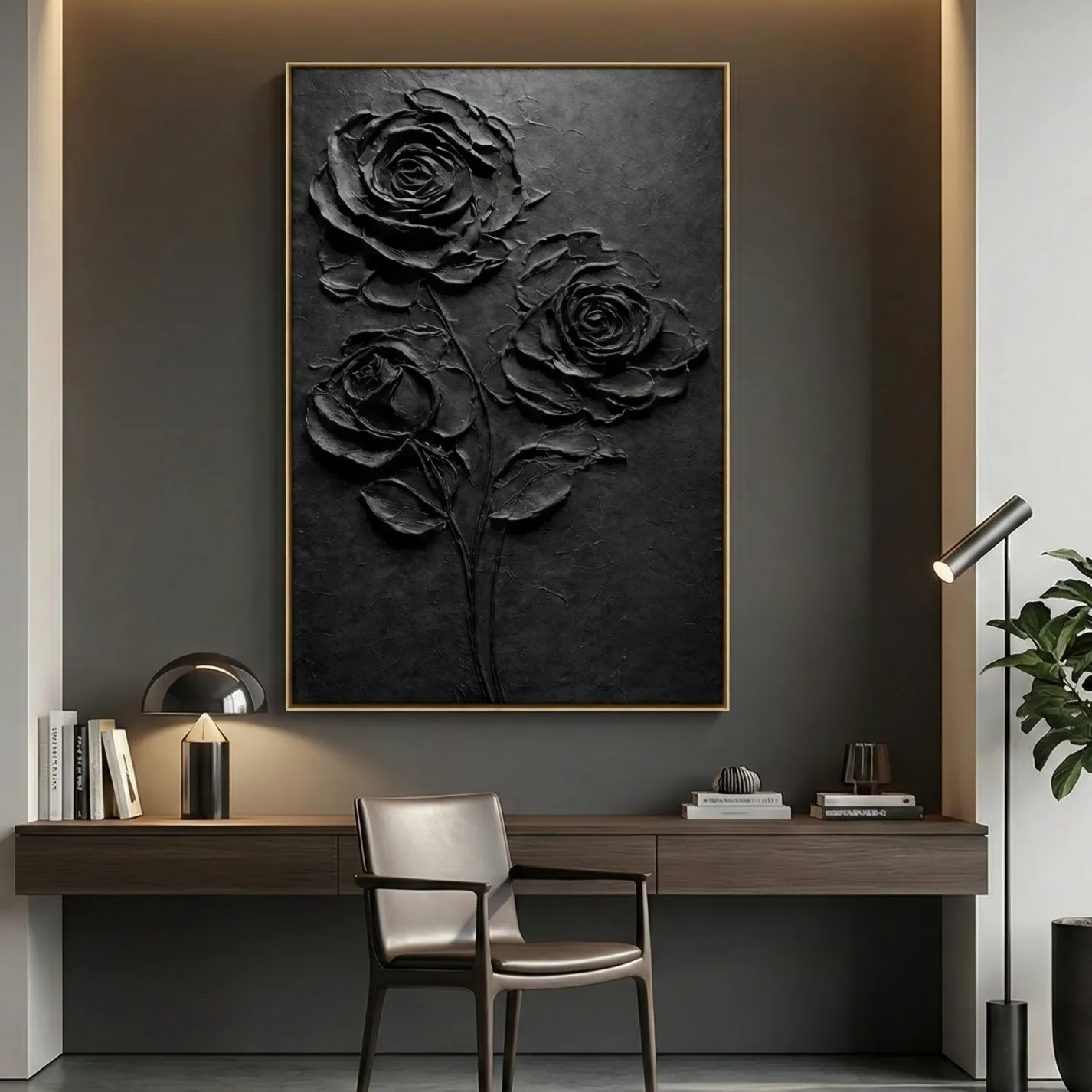 Noir Petal Minimal Elegant black impasto flower art minimal wall decor (3) Textured monochrome hand-painted canvas depicting three roses in dramatic relief, black tones on charcoal ground, contemporary workspace