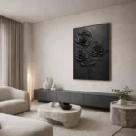 Textured monochrome hand-painted canvas depicting three dimensional black roses with embossed petals on dark background, contemporary living space