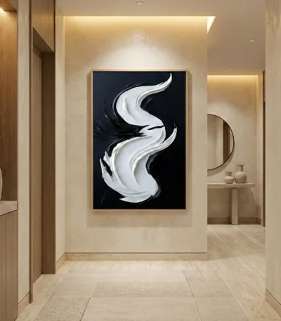 Gestural abstract hand-painted canvas with flowing white and black brushstrokes on dark background, contemporary hallway