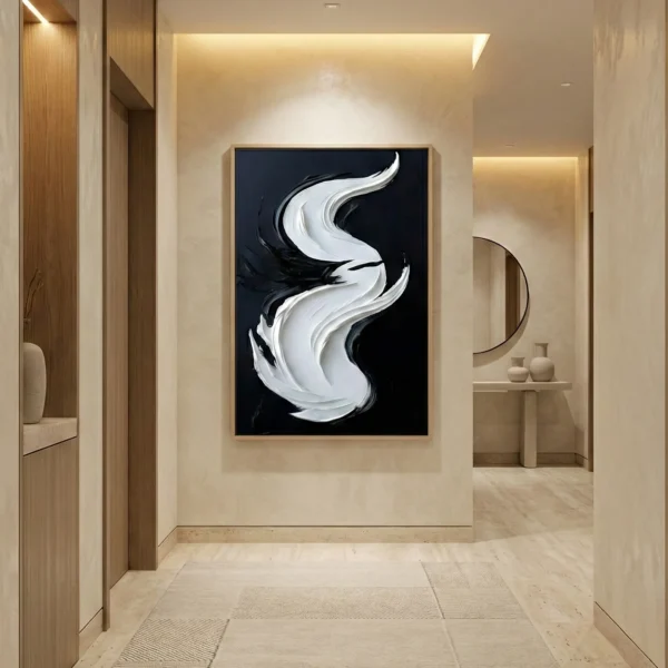 Gestural abstract hand-painted canvas with flowing white and black brushstrokes on dark background, contemporary hallway