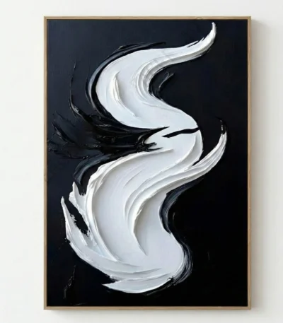 Gestural abstract hand-painted canvas with flowing white and black brushstrokes on deep navy background, contemporary living space