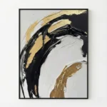 Abstract hand-painted canvas with bold black and gold gestural brushstrokes on cream and white background