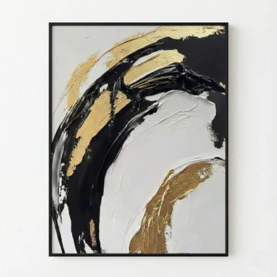 Abstract hand-painted canvas with bold black and gold gestural brushstrokes on cream and white background
