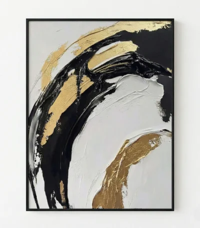 Abstract hand-painted canvas with bold black and gold gestural brushstrokes on cream and white background