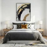 Abstract expressionist hand-painted canvas with bold black and gold gestural brushstrokes on cream, modern bedroom