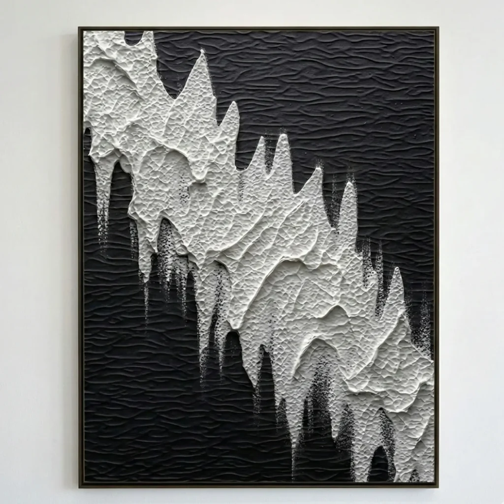 Textured monochrome hand-painted canvas depicting abstract icicles and cavern formations in contrasting black and white