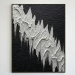 Textured monochrome hand-painted canvas depicting abstract icicles and cavern formations in contrasting black and white