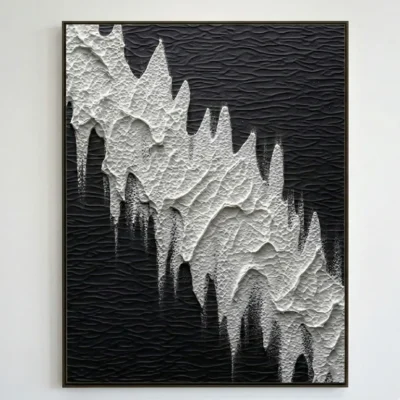 Textured monochrome hand-painted canvas depicting abstract icicles and cavern formations in contrasting black and white