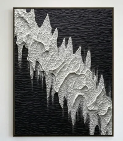 Textured monochrome hand-painted canvas depicting abstract icicles and cavern formations in contrasting black and white