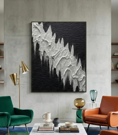 Textured abstract hand-painted canvas in monochromatic black and white with gestural dripping forms, contemporary living space