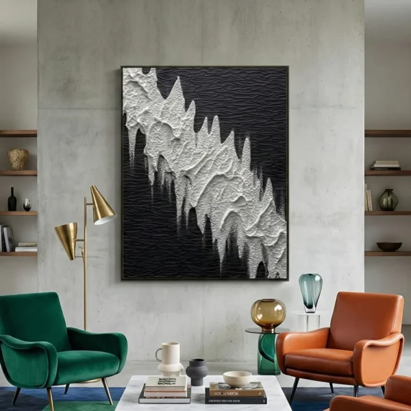 Textured abstract hand-painted canvas in monochromatic black and white with gestural dripping forms, contemporary living space