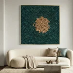 Textured abstract hand-painted canvas with natural wood circles on deep teal background, contemporary living space