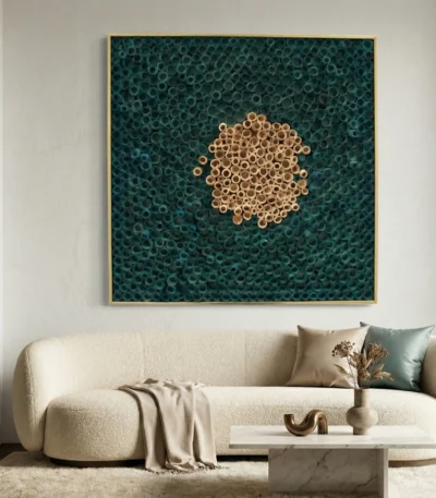 Textured abstract hand-painted canvas with natural wood circles on deep teal background, contemporary living space