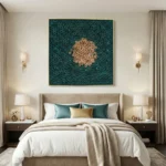 Contemporary abstract hand-painted canvas with layered teal circles and golden focal cluster, warm neutral palette, modern bedroom