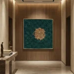 Textured abstract hand-painted canvas with golden circular cluster on deep teal background, contemporary foyer