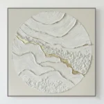 Textured abstract hand-painted canvas with layered white brushstrokes and gold leaf accents, organic circular composition