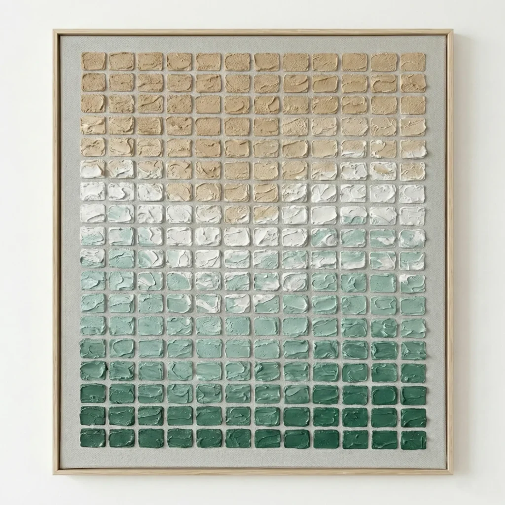 Minimalist hand-painted canvas with gradient color shift from warm tan to deep forest green in uniform rectangular tiles, contemporary wall art