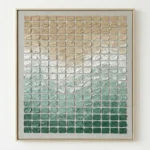 Minimalist hand-painted canvas with gradient color shift from warm tan to deep forest green in uniform rectangular tiles, contemporary wall art