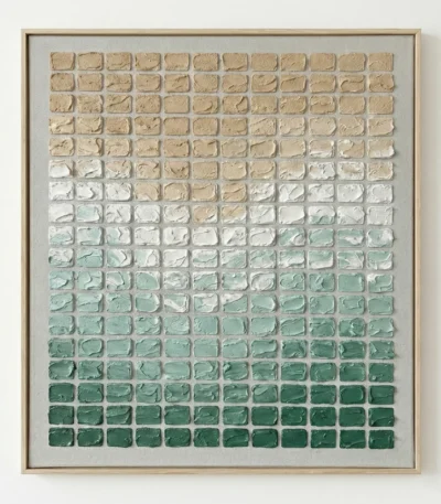 Minimalist hand-painted canvas with gradient color shift from warm tan to deep forest green in uniform rectangular tiles, contemporary wall art