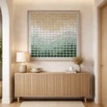 Textured abstract hand-painted canvas in gradient green and cream tones, contemporary entryway